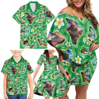 Hawaii Map with Plumeria Flower and Palaka Pattern Family Matching Off Shoulder Short Dress and Hawaiian Shirt Tropical Island Green Design