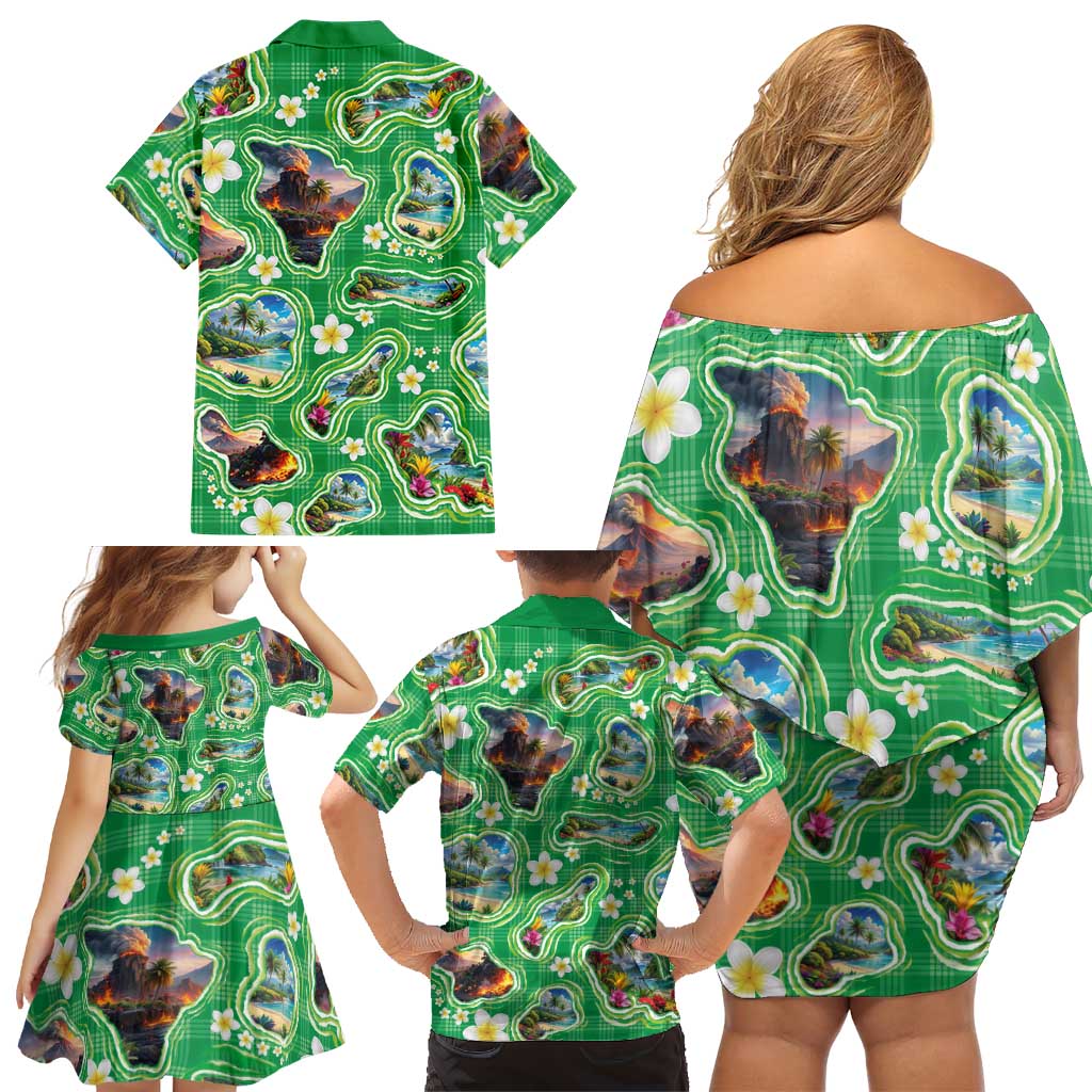 Hawaii Map with Plumeria Flower and Palaka Pattern Family Matching Off Shoulder Short Dress and Hawaiian Shirt Tropical Island Green Design