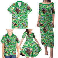 Hawaii Map with Plumeria Flower and Palaka Pattern Family Matching Puletasi and Hawaiian Shirt Tropical Island Green Design