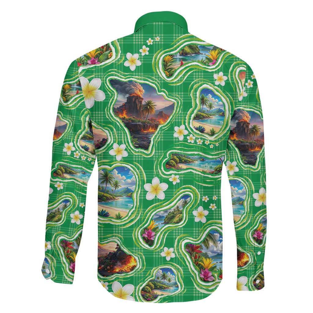 Hawaii Map with Plumeria Flower and Palaka Pattern Family Matching Puletasi and Hawaiian Shirt Tropical Island Green Design