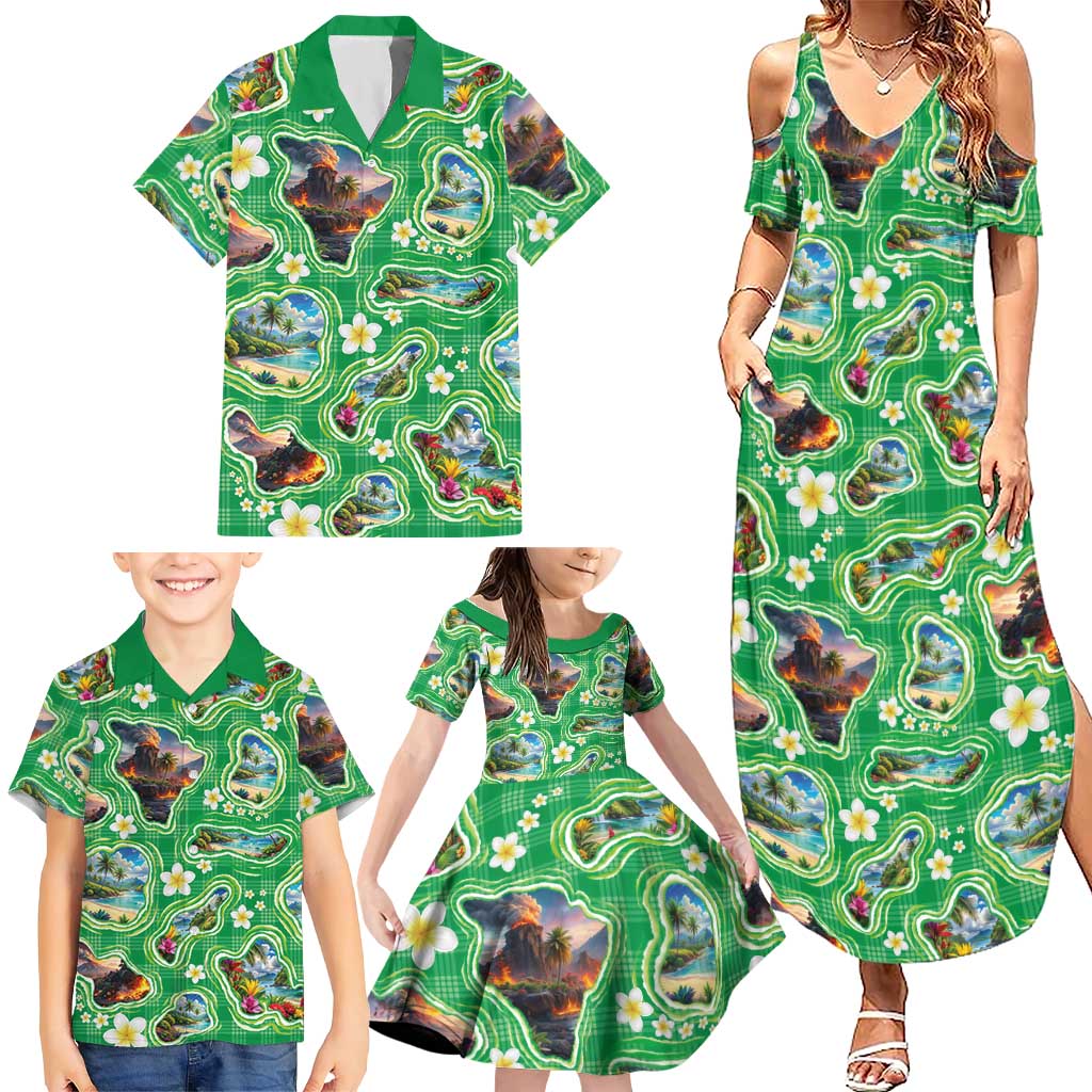 Hawaii Map with Plumeria Flower and Palaka Pattern Family Matching Summer Maxi Dress and Hawaiian Shirt Tropical Island Green Design