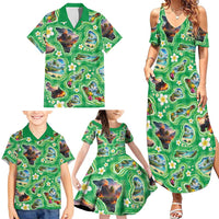 Hawaii Map with Plumeria Flower and Palaka Pattern Family Matching Summer Maxi Dress and Hawaiian Shirt Tropical Island Green Design