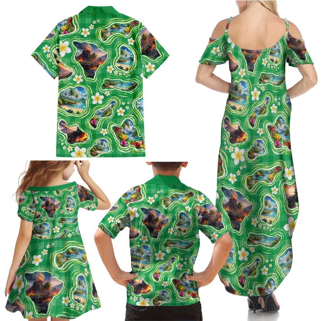 Hawaii Map with Plumeria Flower and Palaka Pattern Family Matching Summer Maxi Dress and Hawaiian Shirt Tropical Island Green Design