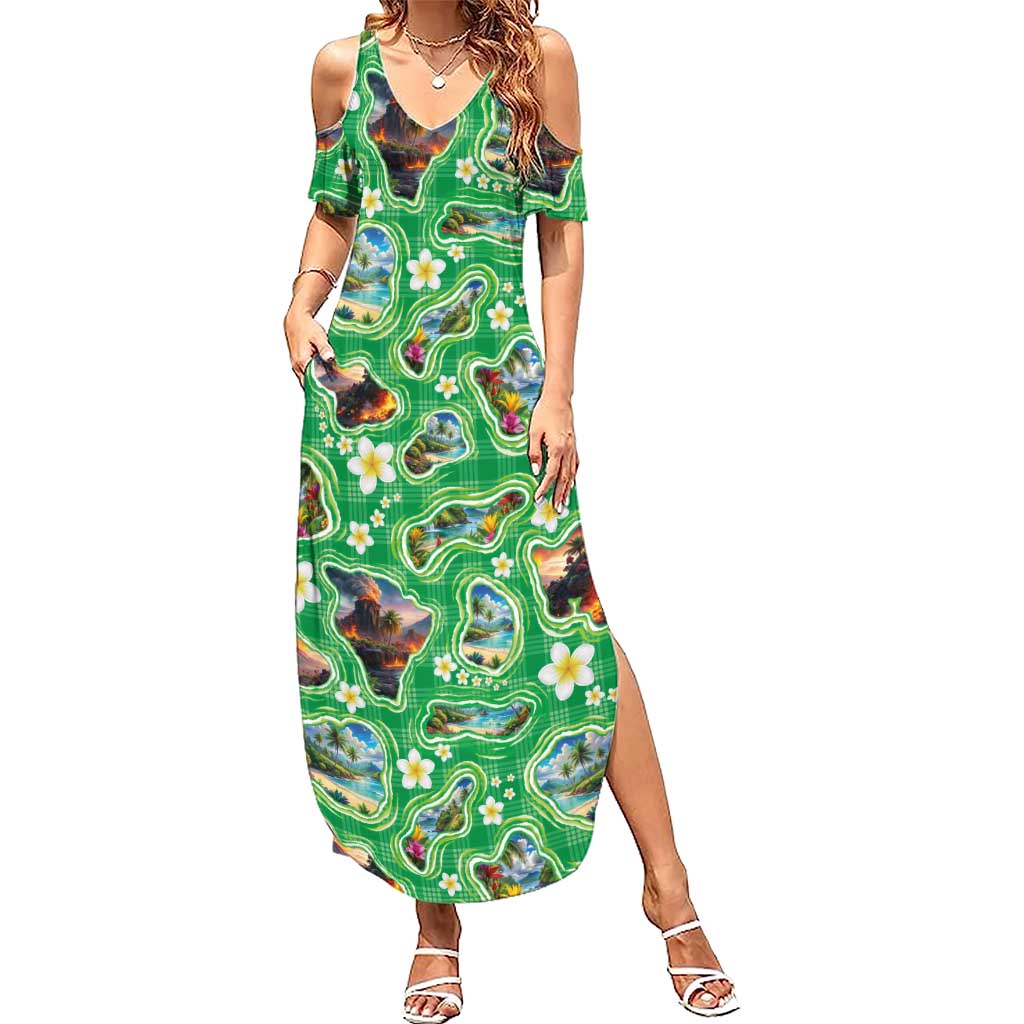 Hawaii Map with Plumeria Flower and Palaka Pattern Family Matching Summer Maxi Dress and Hawaiian Shirt Tropical Island Green Design