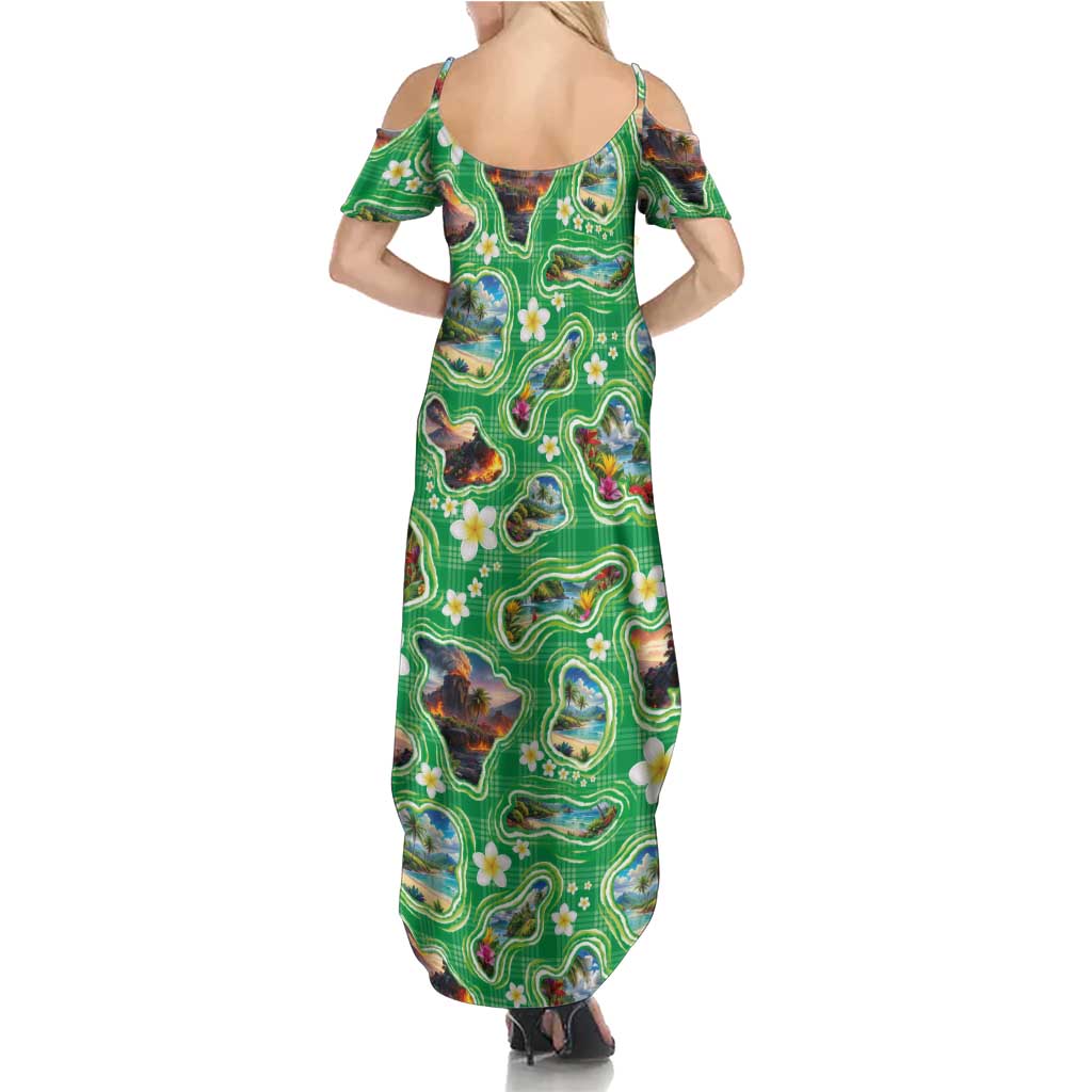 Hawaii Map with Plumeria Flower and Palaka Pattern Family Matching Summer Maxi Dress and Hawaiian Shirt Tropical Island Green Design