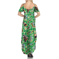 Hawaii Map with Plumeria Flower and Palaka Pattern Family Matching Summer Maxi Dress and Hawaiian Shirt Tropical Island Green Design