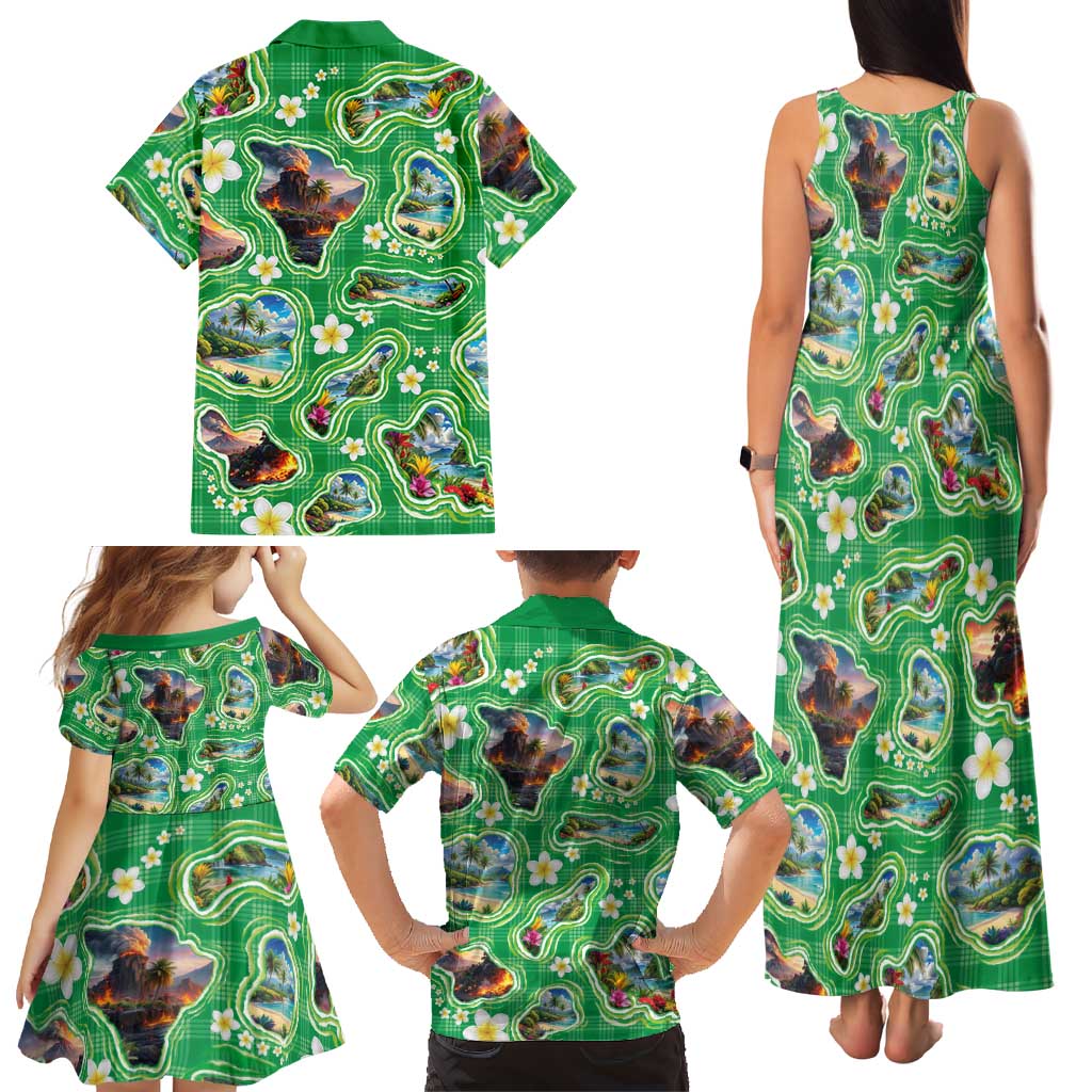 Hawaii Map with Plumeria Flower and Palaka Pattern Family Matching Tank Maxi Dress and Hawaiian Shirt Tropical Island Green Design