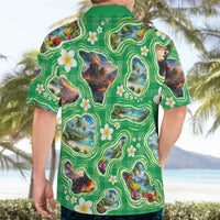 Hawaii Map with Plumeria Flower and Palaka Pattern Hawaiian Shirt Tropical Island Green Design