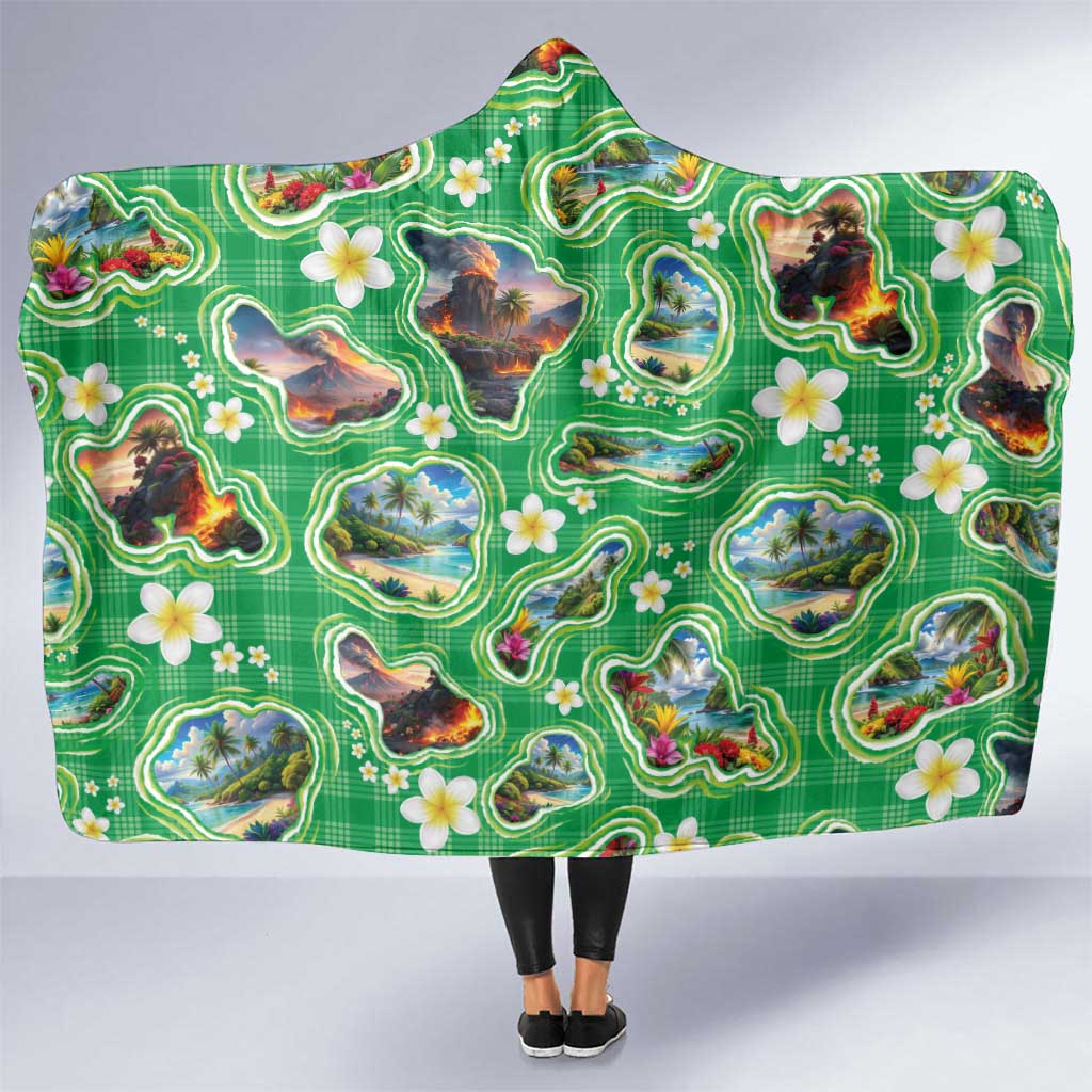 Hawaii Map with Plumeria Flower and Palaka Pattern Hooded Blanket Tropical Island Green Design