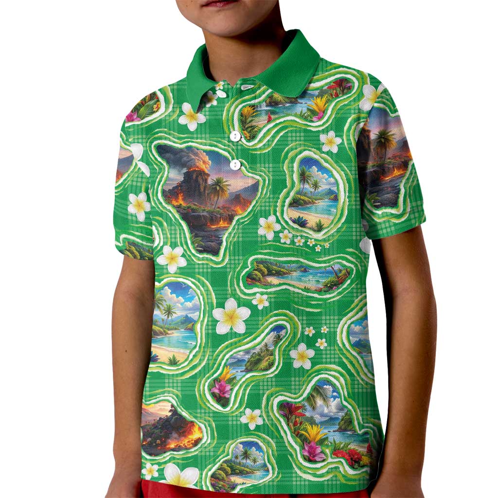 Hawaii Map with Plumeria Flower and Palaka Pattern Kid Polo Shirt Tropical Island Green Design