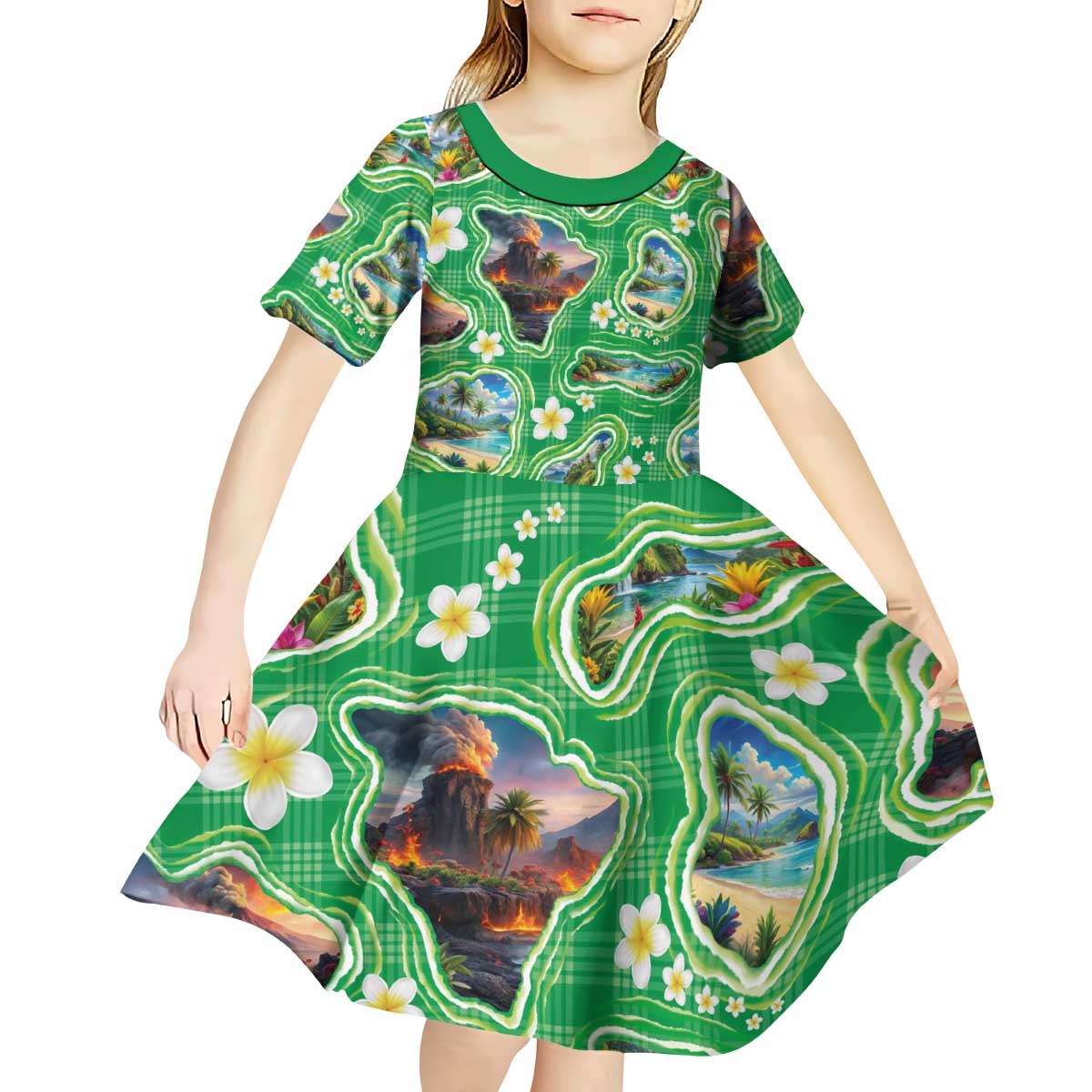 Hawaii Map with Plumeria Flower and Palaka Pattern Kid Short Sleeve Dress Tropical Island Green Design LT03 - Polynesian Pride