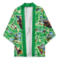 Hawaii Map with Plumeria Flower and Palaka Pattern Kimono Tropical Island Green Design