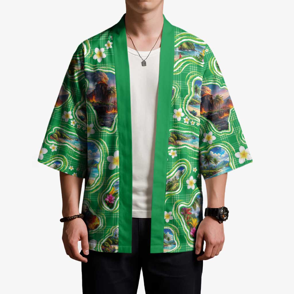 Hawaii Map with Plumeria Flower and Palaka Pattern Kimono Tropical Island Green Design