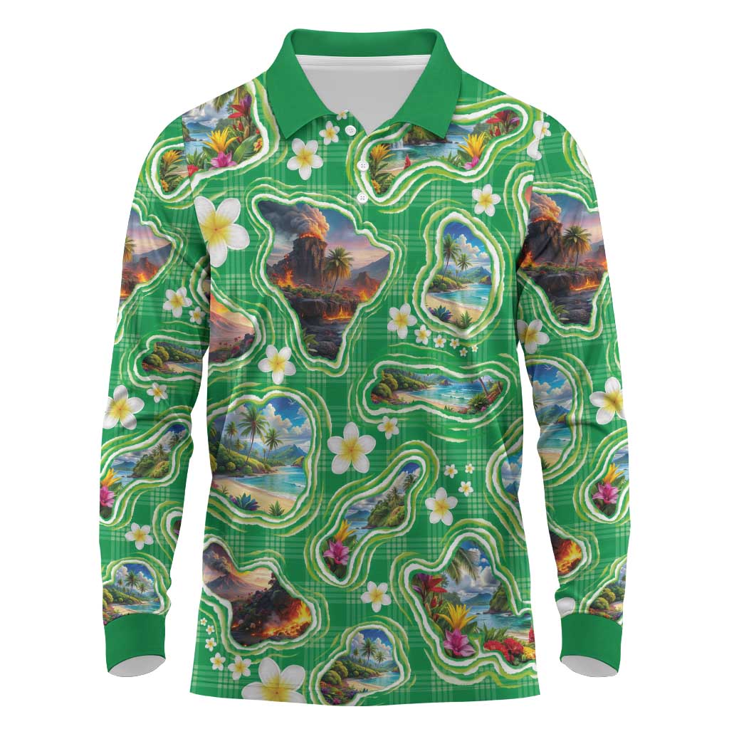 Hawaii Map with Plumeria Flower and Palaka Pattern Long Sleeve Polo Shirt Tropical Island Green Design