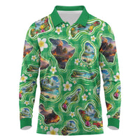 Hawaii Map with Plumeria Flower and Palaka Pattern Long Sleeve Polo Shirt Tropical Island Green Design