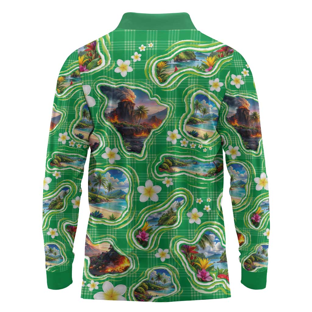 Hawaii Map with Plumeria Flower and Palaka Pattern Long Sleeve Polo Shirt Tropical Island Green Design