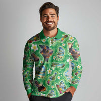 Hawaii Map with Plumeria Flower and Palaka Pattern Long Sleeve Polo Shirt Tropical Island Green Design