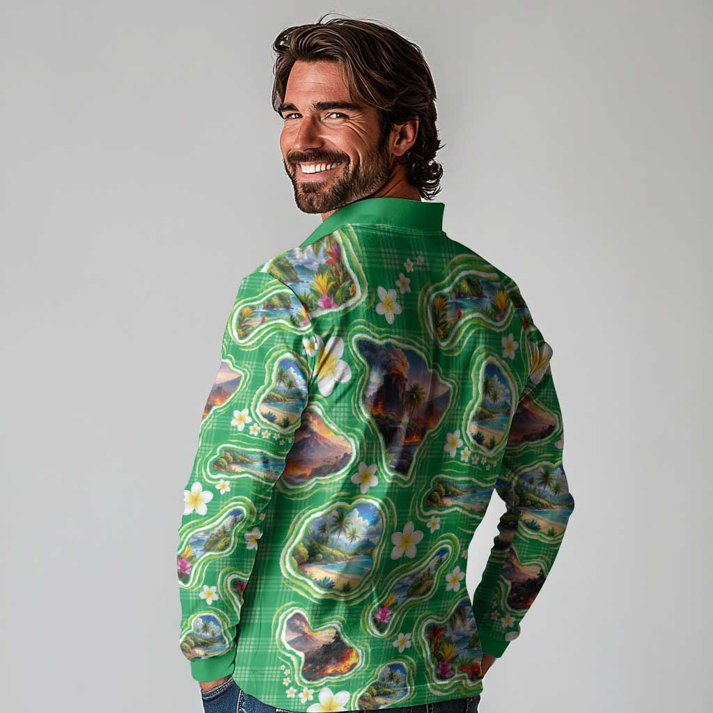 Hawaii Map with Plumeria Flower and Palaka Pattern Long Sleeve Polo Shirt Tropical Island Green Design
