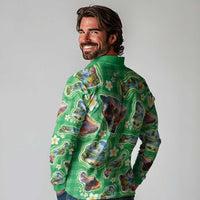 Hawaii Map with Plumeria Flower and Palaka Pattern Long Sleeve Polo Shirt Tropical Island Green Design