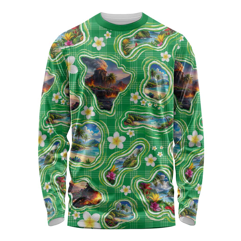 Hawaii Map with Plumeria Flower and Palaka Pattern Long Sleeve Shirt Tropical Island Green Design
