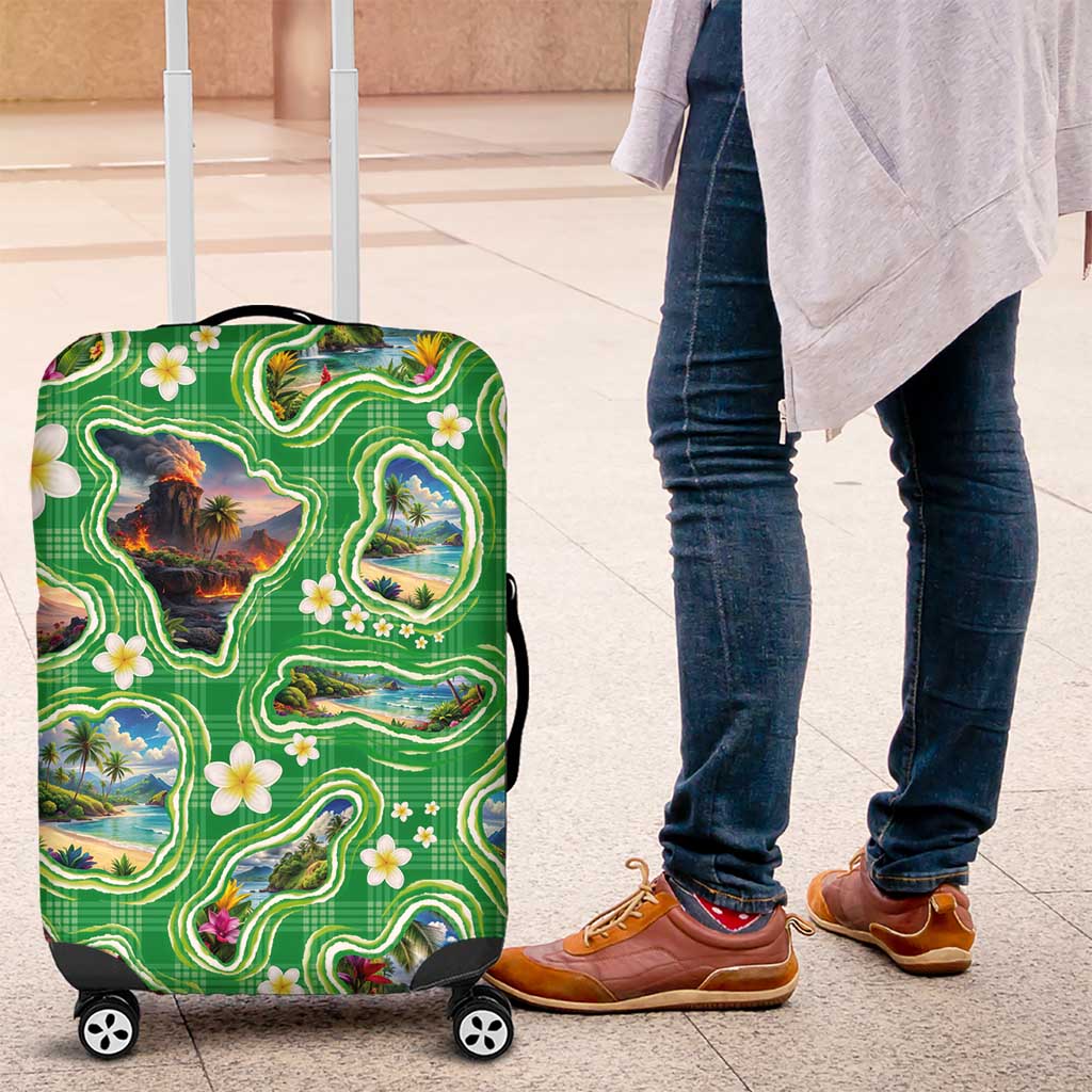 Hawaii Map with Plumeria Flower and Palaka Pattern Luggage Cover Tropical Island Green Design