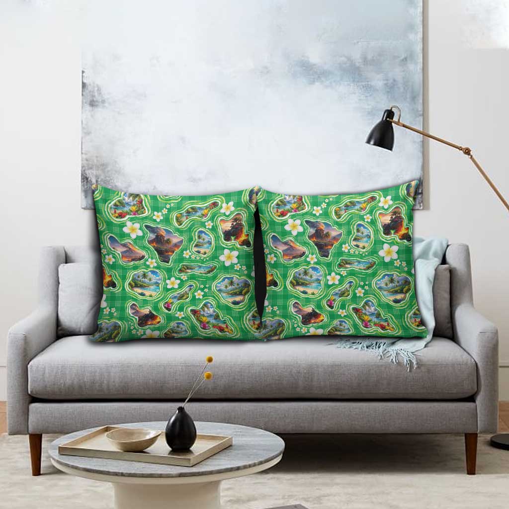 Hawaii Map with Plumeria Flower and Palaka Pattern Pillow Cover Tropical Island Green Design LT03 - Polynesian Pride