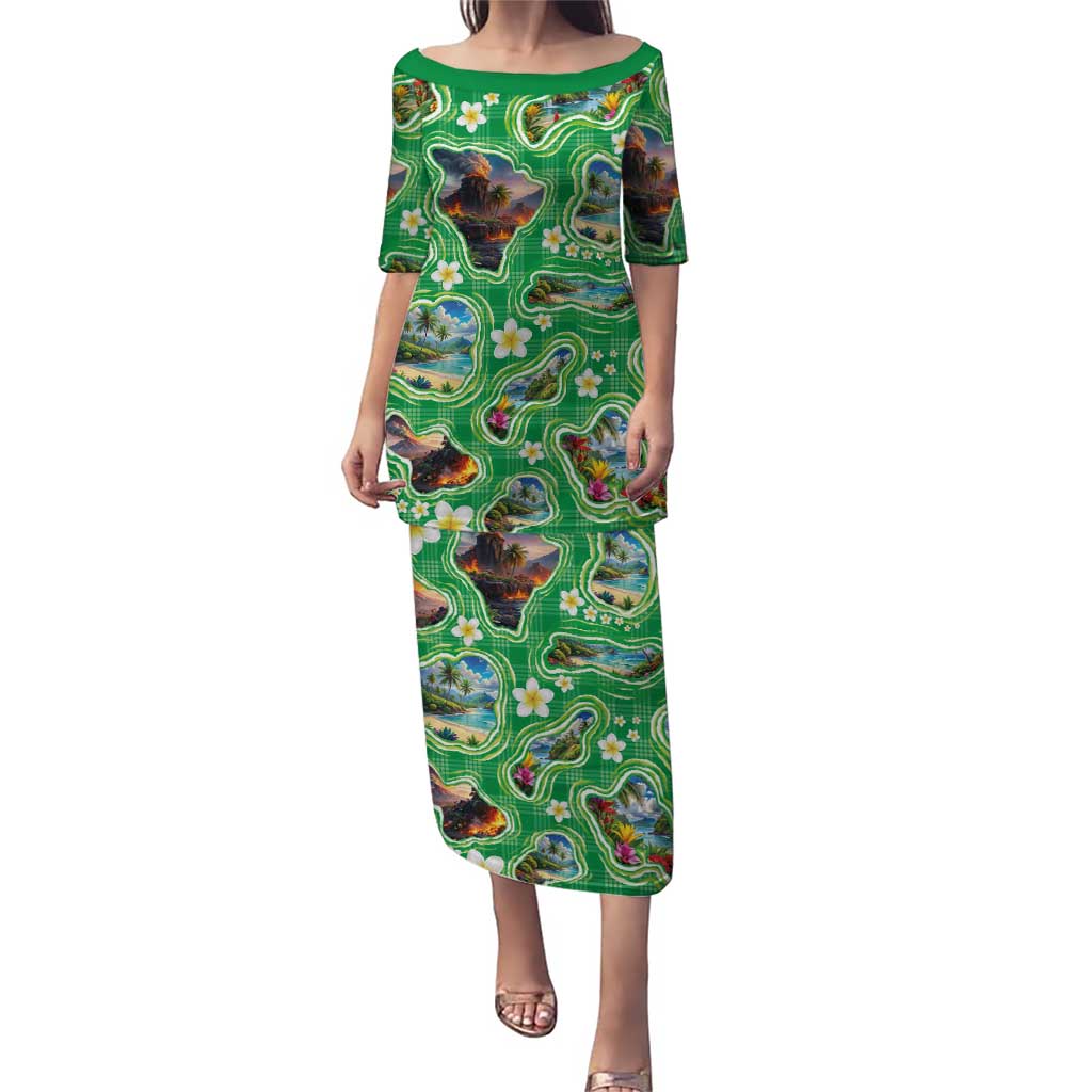 Hawaii Map with Plumeria Flower and Palaka Pattern Puletasi Tropical Island Green Design