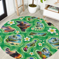 Hawaii Map with Plumeria Flower and Palaka Pattern Round Carpet Tropical Island Green Design