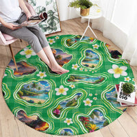 Hawaii Map with Plumeria Flower and Palaka Pattern Round Carpet Tropical Island Green Design