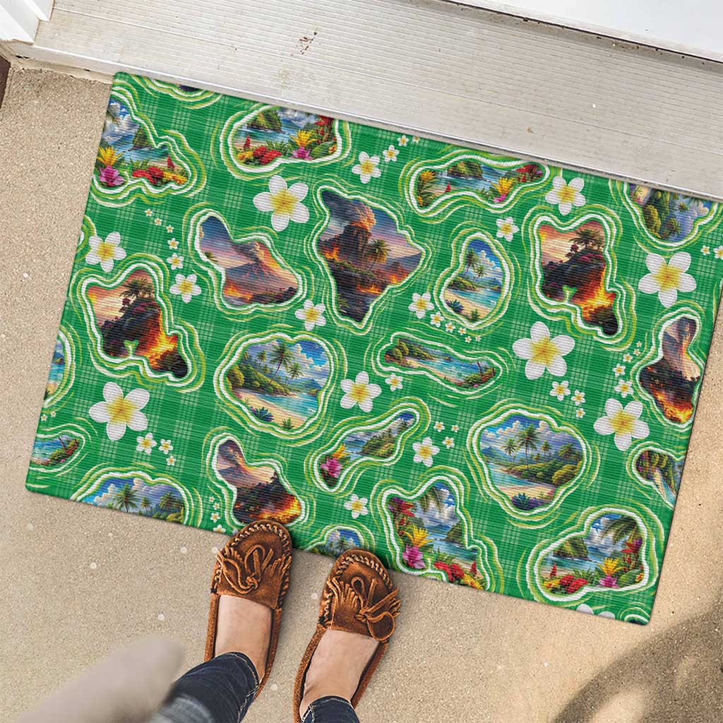 Hawaii Map with Plumeria Flower and Palaka Pattern Rubber Doormat Tropical Island Green Design