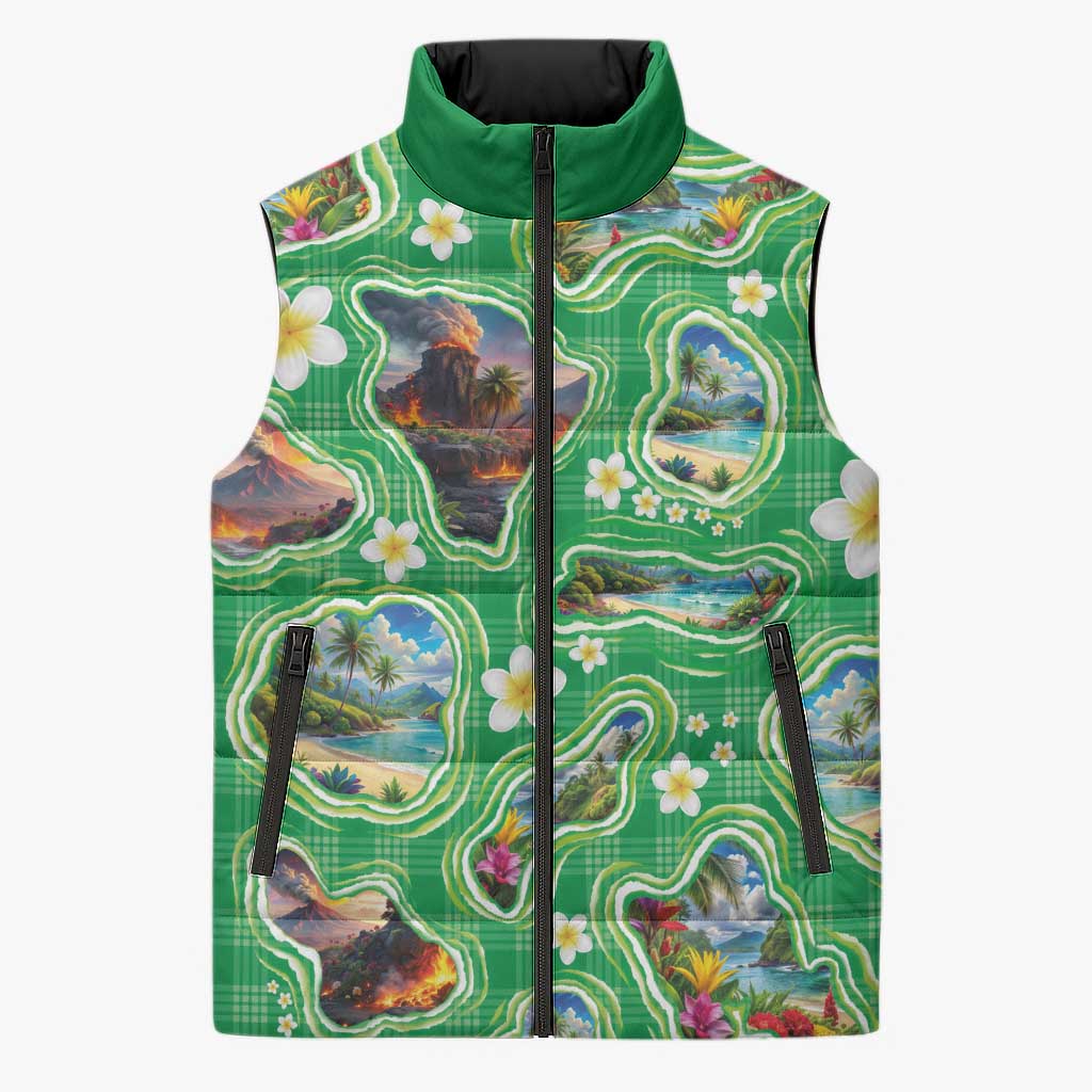 Hawaii Map with Plumeria Flower and Palaka Pattern Sleeveless Puffer Jacket Tropical Island Green Design