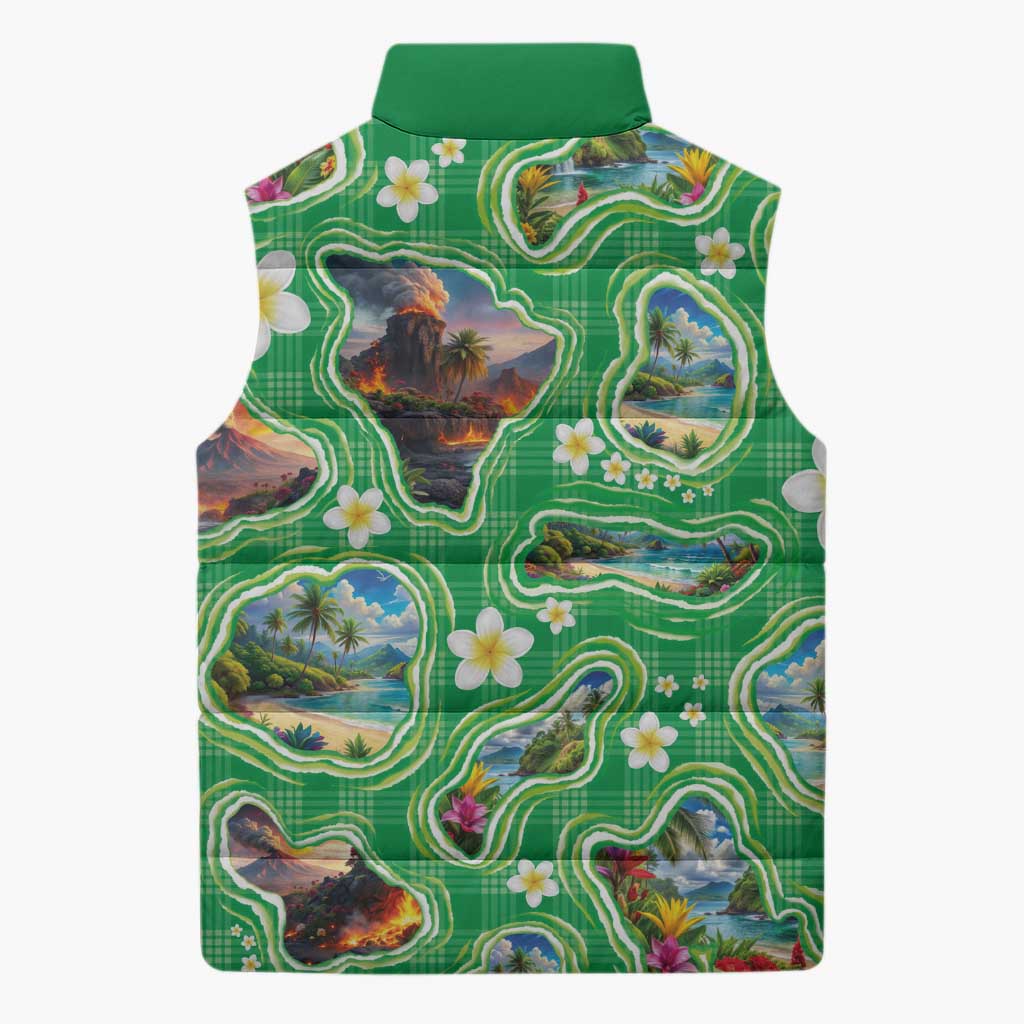 Hawaii Map with Plumeria Flower and Palaka Pattern Sleeveless Puffer Jacket Tropical Island Green Design