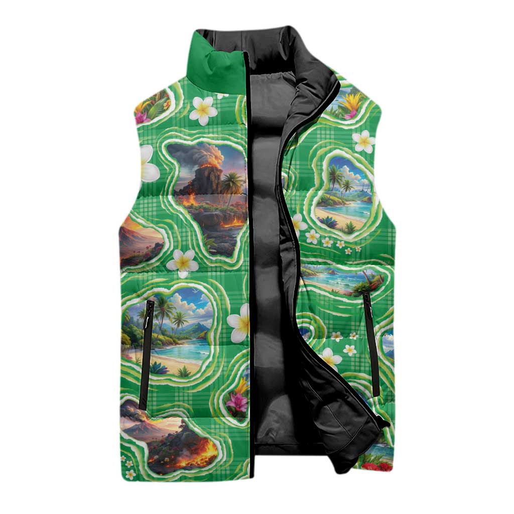 Hawaii Map with Plumeria Flower and Palaka Pattern Sleeveless Puffer Jacket Tropical Island Green Design