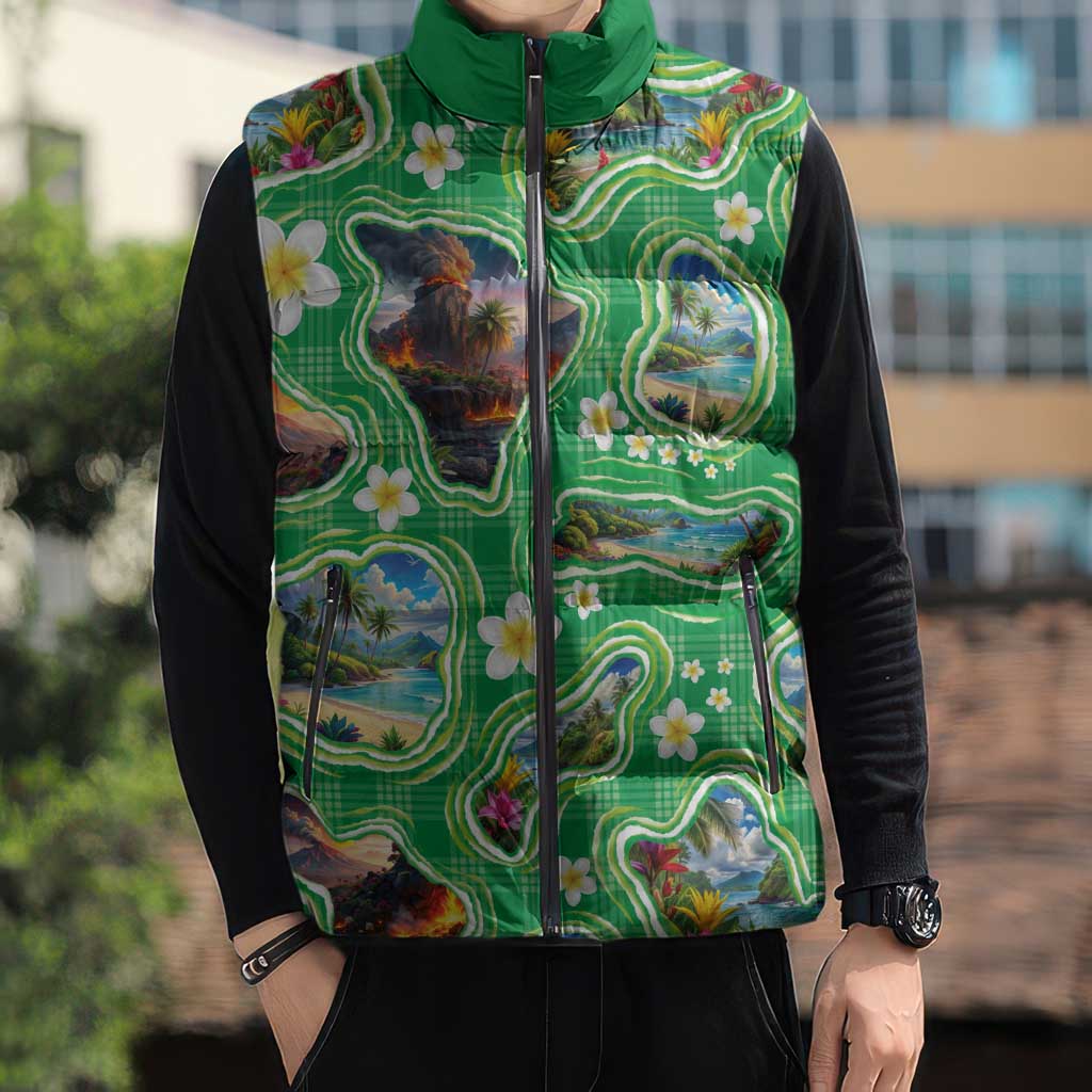 Hawaii Map with Plumeria Flower and Palaka Pattern Sleeveless Puffer Jacket Tropical Island Green Design