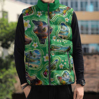 Hawaii Map with Plumeria Flower and Palaka Pattern Sleeveless Puffer Jacket Tropical Island Green Design