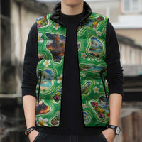 Hawaii Map with Plumeria Flower and Palaka Pattern Sleeveless Puffer Jacket Tropical Island Green Design