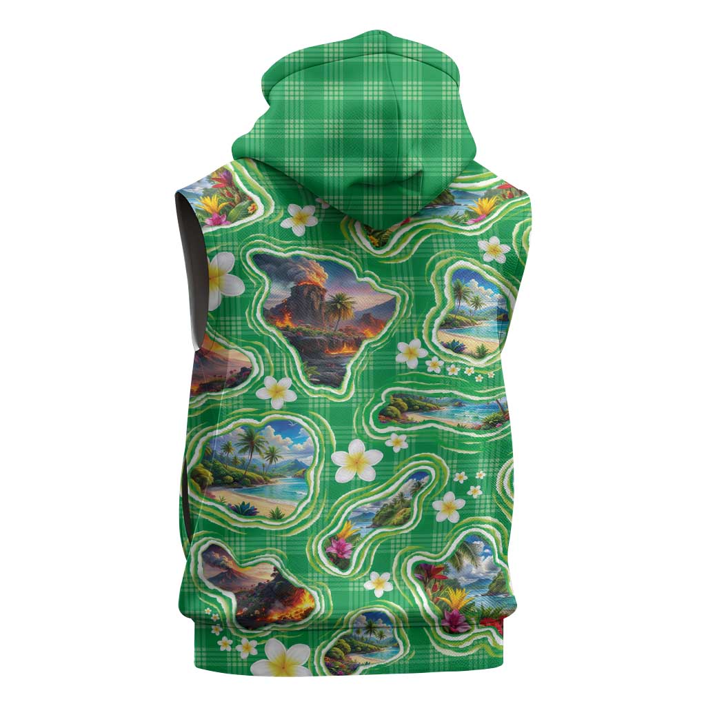 Hawaii Map with Plumeria Flower and Palaka Pattern Sleeveless Zip Hoodie Tropical Island Green Design