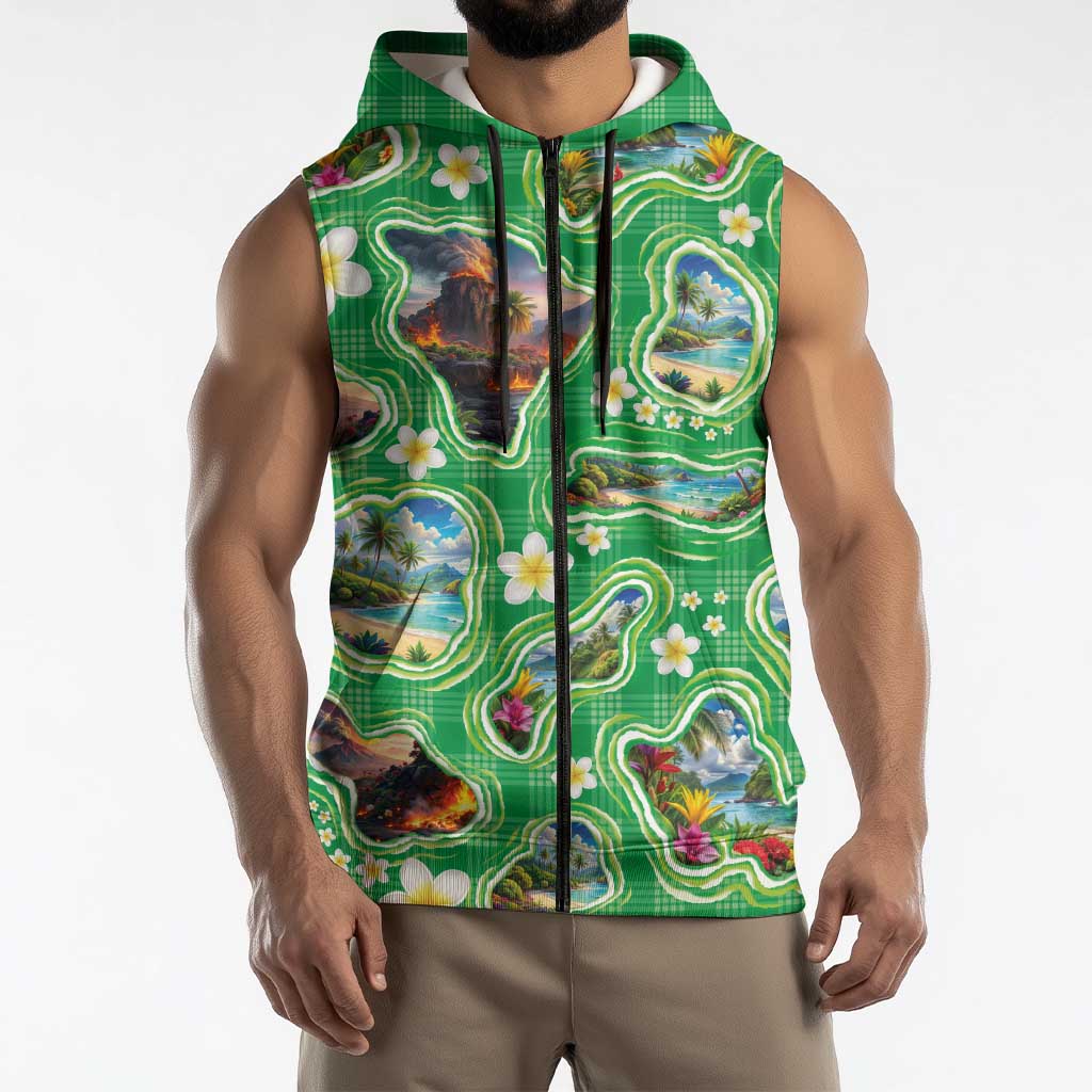 Hawaii Map with Plumeria Flower and Palaka Pattern Sleeveless Zip Hoodie Tropical Island Green Design