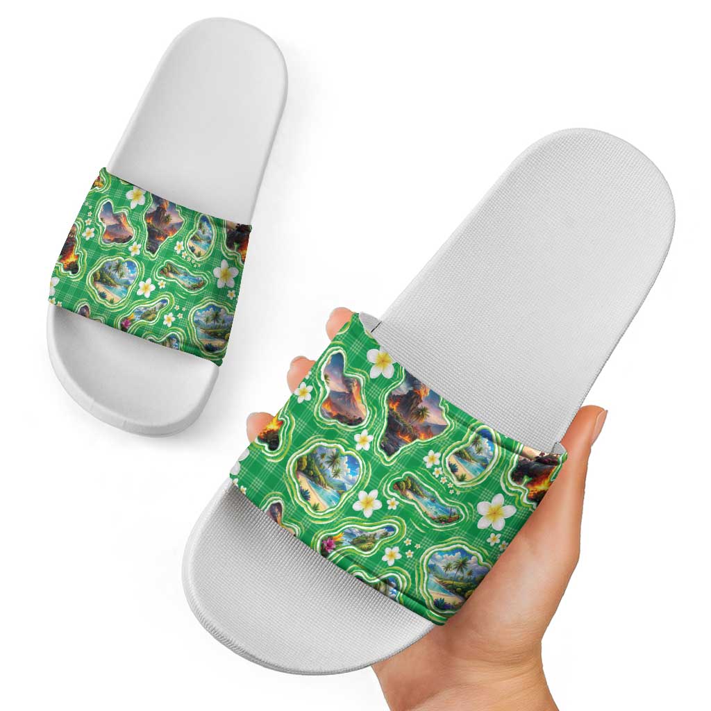 Hawaii Map with Plumeria Flower and Palaka Pattern Slide Sandals Tropical Island Green Design LT03 - Polynesian Pride