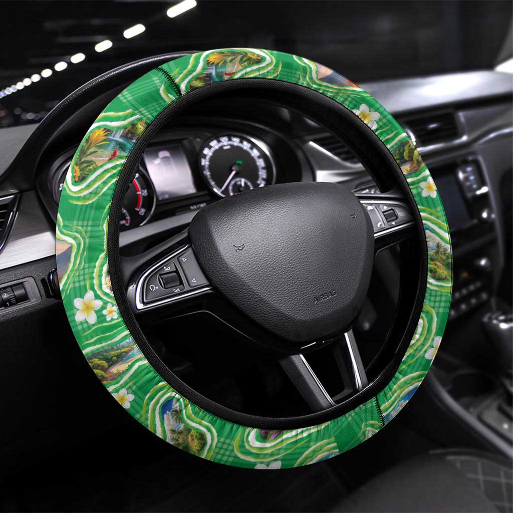 Hawaii Map with Plumeria Flower and Palaka Pattern Steering Wheel Cover Tropical Island Green Design