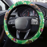 Hawaii Map with Plumeria Flower and Palaka Pattern Steering Wheel Cover Tropical Island Green Design