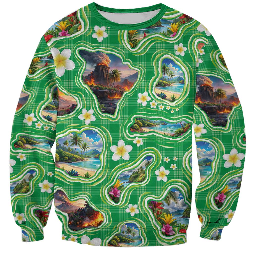 Hawaii Map with Plumeria Flower and Palaka Pattern Sweatshirt Tropical Island Green Design