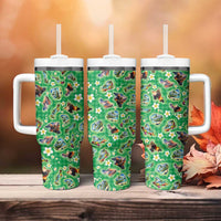 Hawaii Map with Plumeria Flower and Palaka Pattern Tumbler With Handle Tropical Island Green Design LT03 - Polynesian Pride