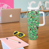 Hawaii Map with Plumeria Flower and Palaka Pattern Tumbler With Handle Tropical Island Green Design LT03 - Polynesian Pride