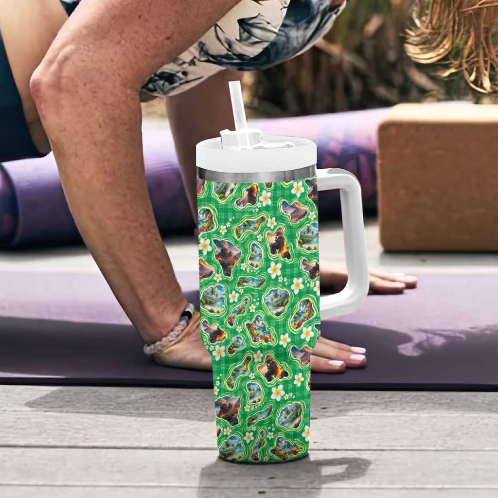 Hawaii Map with Plumeria Flower and Palaka Pattern Tumbler With Handle Tropical Island Green Design LT03 - Polynesian Pride
