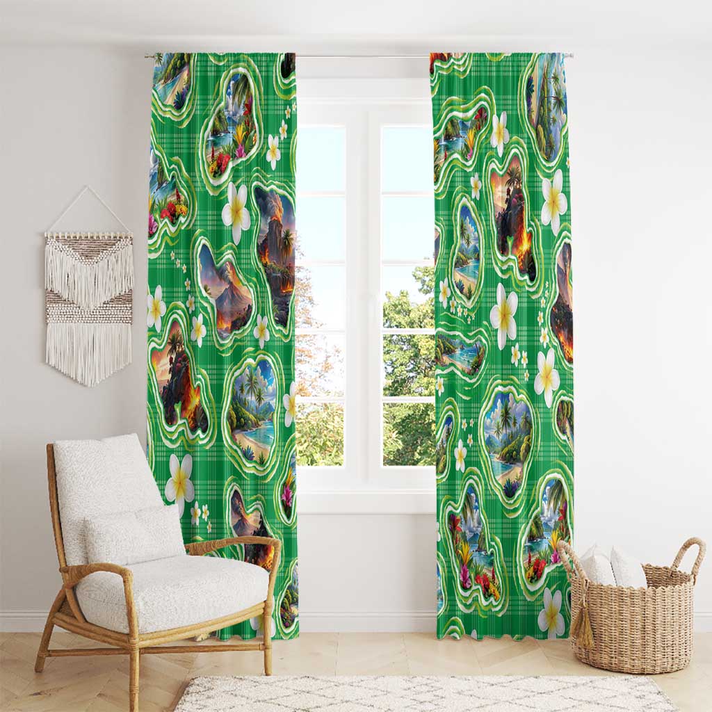 Hawaii Map with Plumeria Flower and Palaka Pattern Window Curtain Tropical Island Green Design