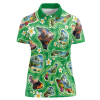Hawaii Map with Plumeria Flower and Palaka Pattern Women Polo Shirt Tropical Island Green Design LT03 Female Green - Polynesian Pride