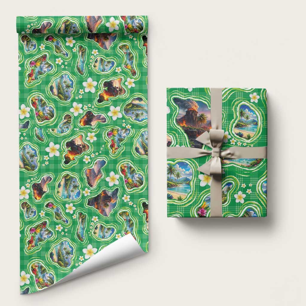 Hawaii Map with Plumeria Flower and Palaka Pattern Wrapping Paper Tropical Island Green Design LT03 58" × 23" Green - Polynesian Pride