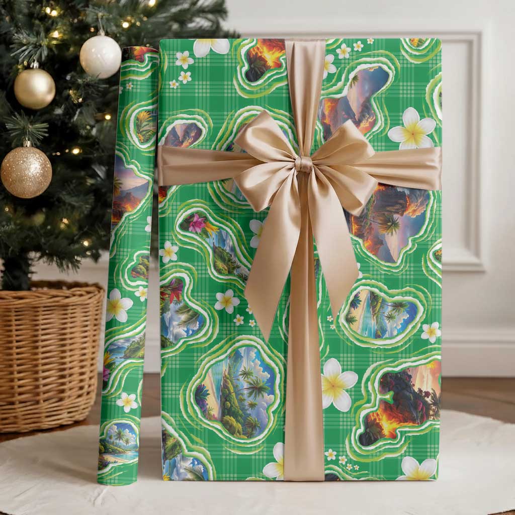 Hawaii Map with Plumeria Flower and Palaka Pattern Wrapping Paper Tropical Island Green Design LT03 - Polynesian Pride