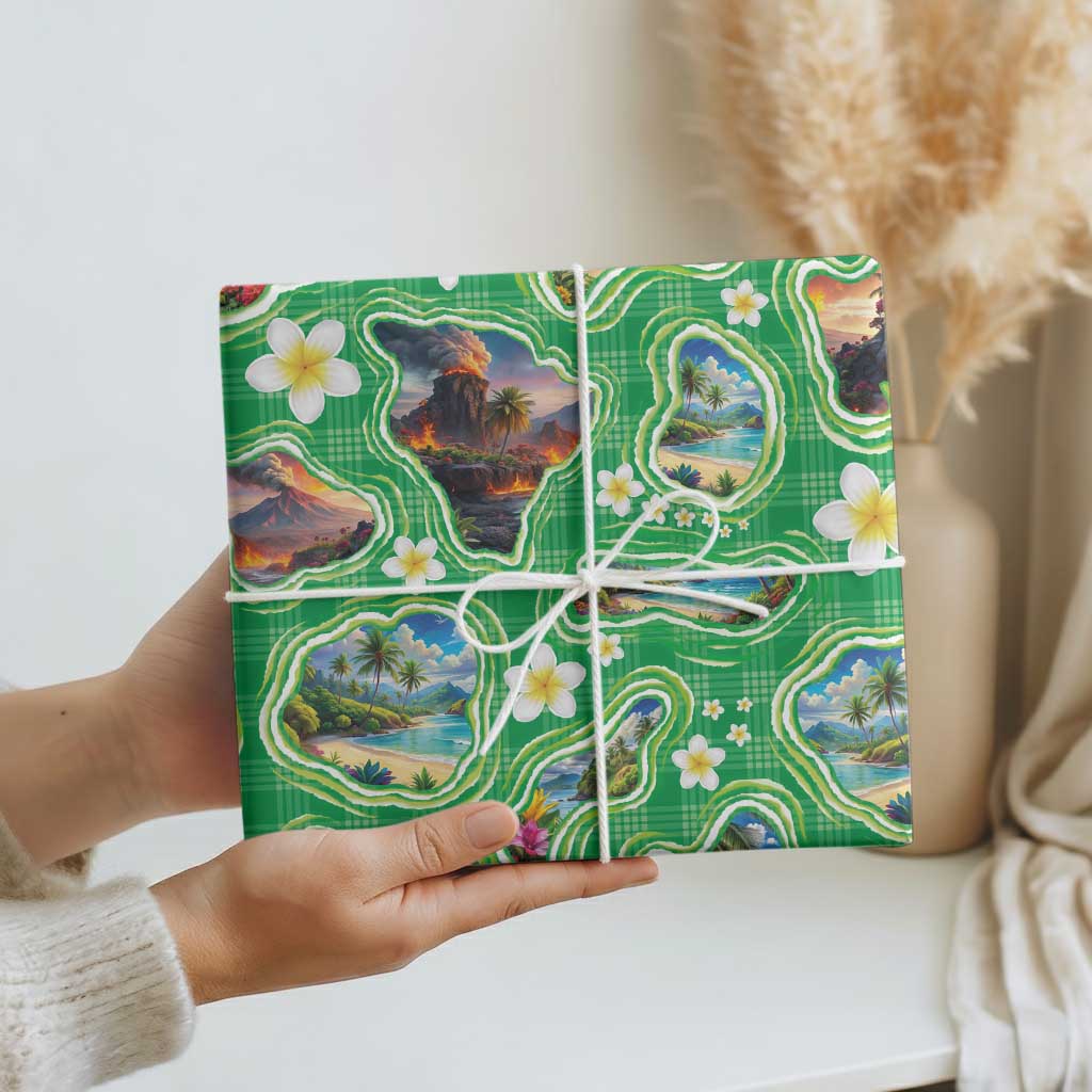 Hawaii Map with Plumeria Flower and Palaka Pattern Wrapping Paper Tropical Island Green Design LT03 - Polynesian Pride